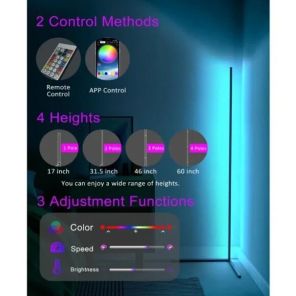 BRAND NEW | B906 60” Smart RGB LED Corner Floor Lamp with App and Remote Control - Picture 3 of 4